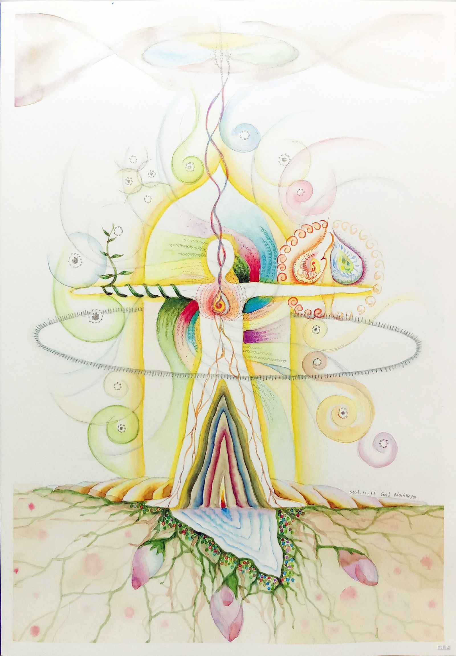 意象世界:《威力呼吸》白孔雀靈魂藝術 | THE VIBE 白孔雀靈魂畫作《威力呼吸》- 人體中軸生出深根,穿越金色之門與宇宙螺旋能量交織,展現神聖呼吸與覺醒頻率 | THE VIBE
