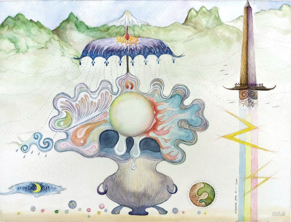 《珍珠寶瓶好蚌棒》白孔雀靈魂藝術 | THE VIBE 白孔雀畫作《珍珠寶瓶好蚌棒》- 神聖寶瓶托起孕育璀璨珍珠的巨蚌,伴隨華蓋、群山與閃電方尖碑,展現靈魂煉金術與豐盛 | THE VIBE