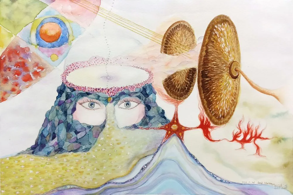 《神韻》白孔雀靈魂藝術 | THE VIBE 白孔雀畫作《神韻》- 火山女神凝視宇宙,金色鈸音震盪出星系與曼陀羅,展現萬物獨特旋律與天地連結的生命共鳴 | THE VIBE