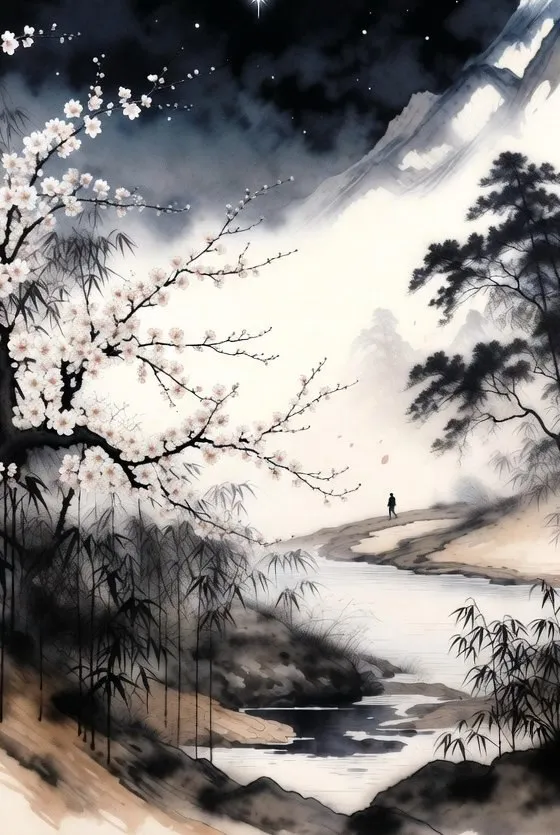 Yeats現代詩《生住異滅》意境配圖，以水墨融合春花、竹林、星空與踏雪行人，展現四季流轉與生命因緣的深邃餘韻 | THE VIBE